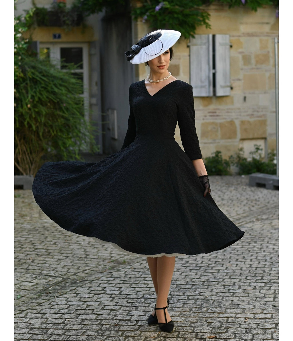 Black Floral Jacquard Piper Swing Dress - Unique Vintage - Womens, DRESSES, SWING