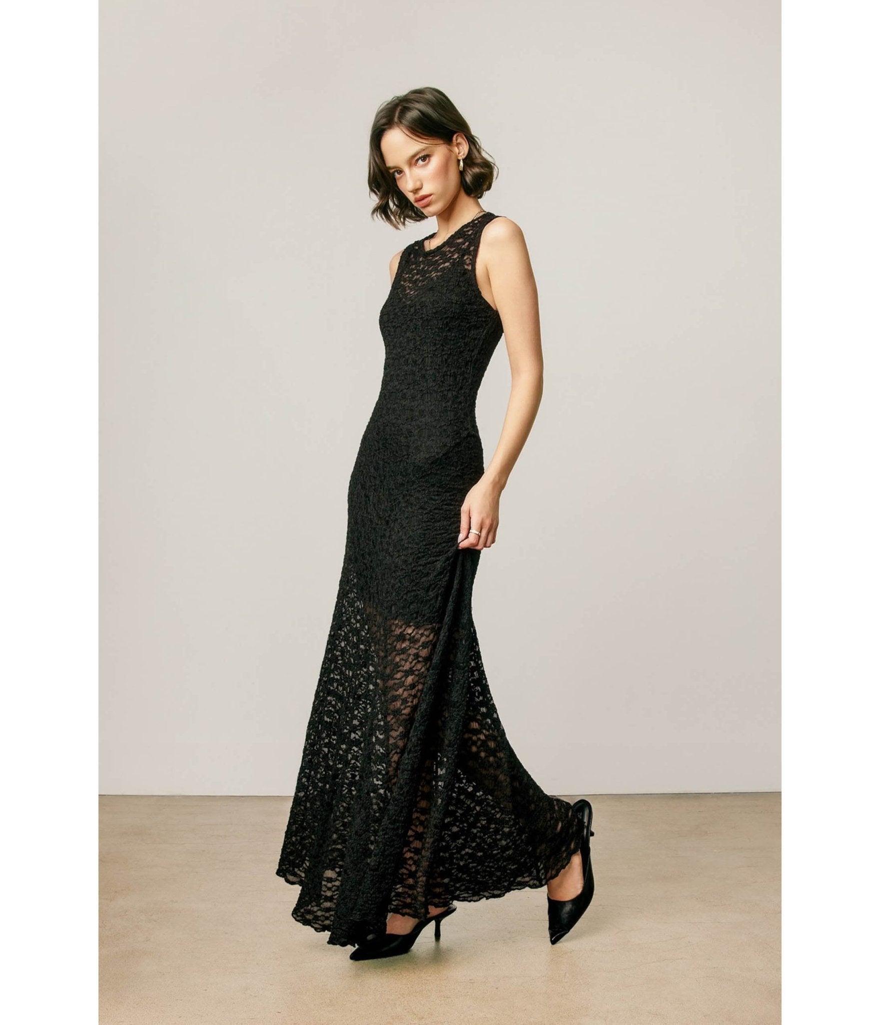 Black Floral Lace Flared Maxi Dress - Unique Vintage - Womens, DRESSES, MAXI