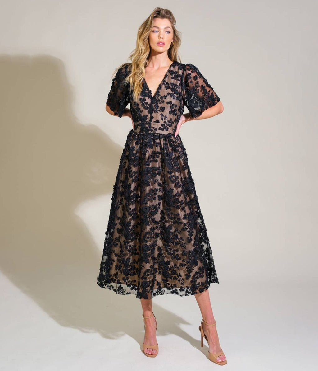 Black Floral Lace Midi Dress - Unique Vintage - Womens, DRESSES, MIDI