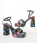 Black Floral Lexico Platform Sandals - Unique Vintage - Womens, SHOES, SANDALS