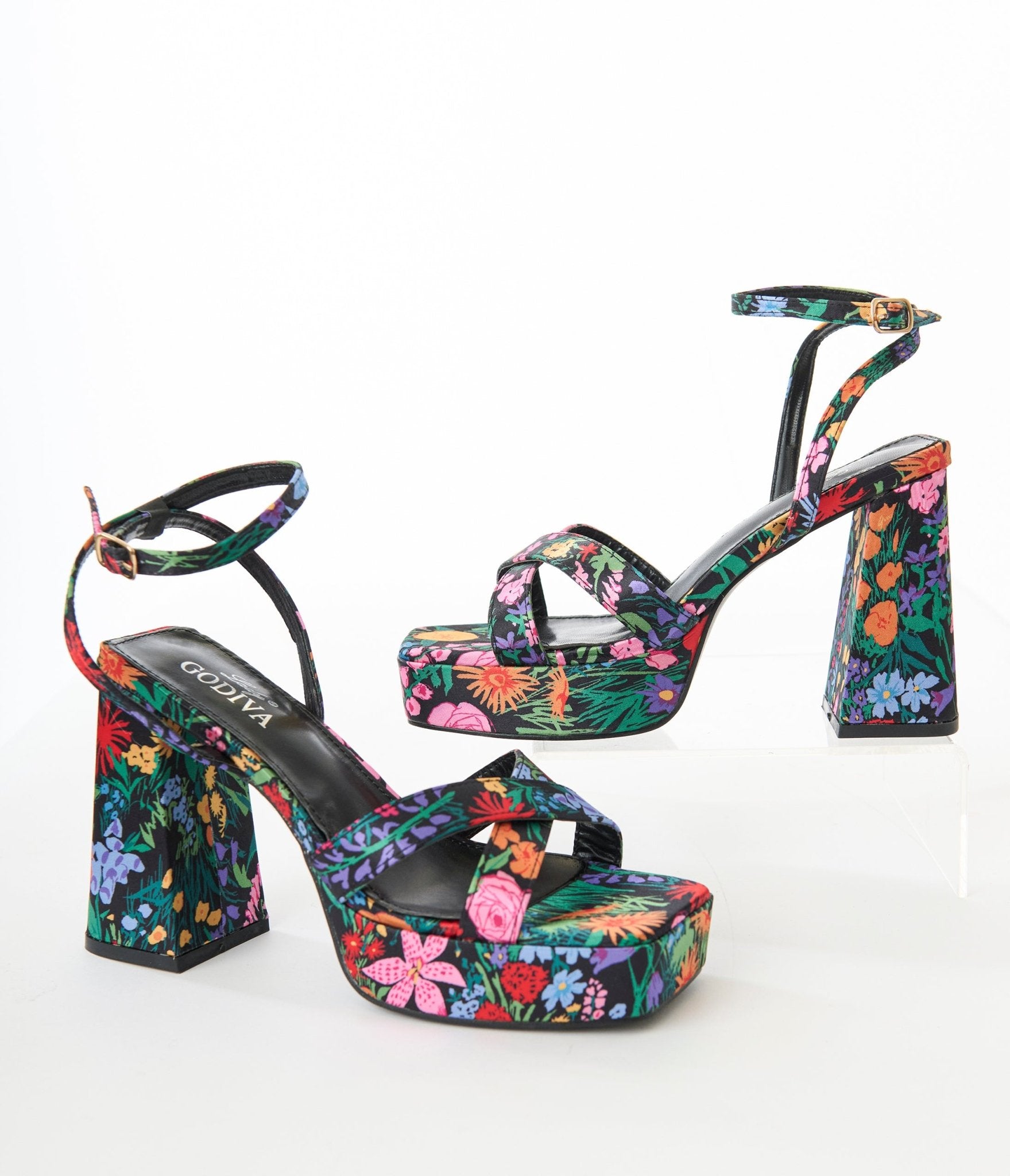 Black Floral Lexico Platform Sandals - Unique Vintage - Womens, SHOES, SANDALS