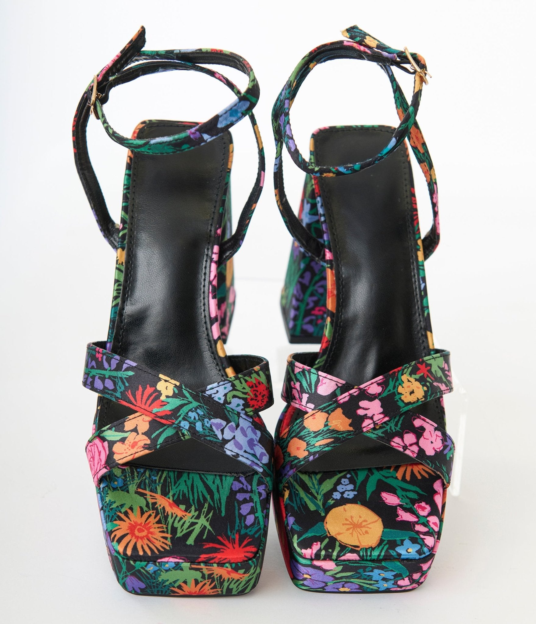 Black Floral Lexico Platform Sandals - Unique Vintage - Womens, SHOES, SANDALS