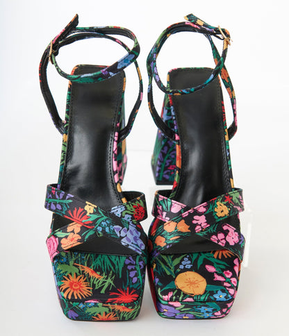 Black Floral Lexico Platform Sandals - Unique Vintage - Womens, SHOES, SANDALS