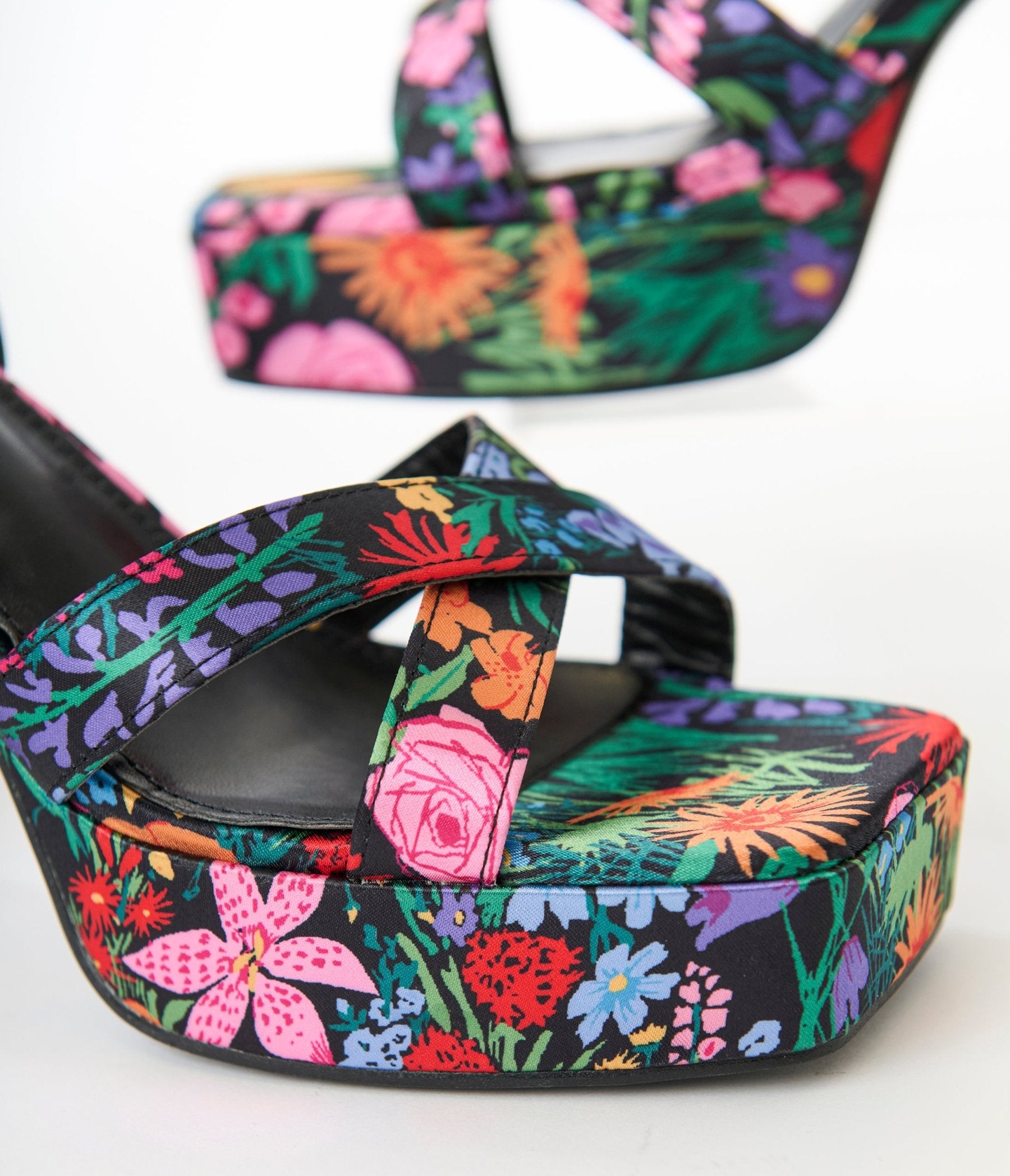 Black Floral Lexico Platform Sandals - Unique Vintage - Womens, SHOES, SANDALS