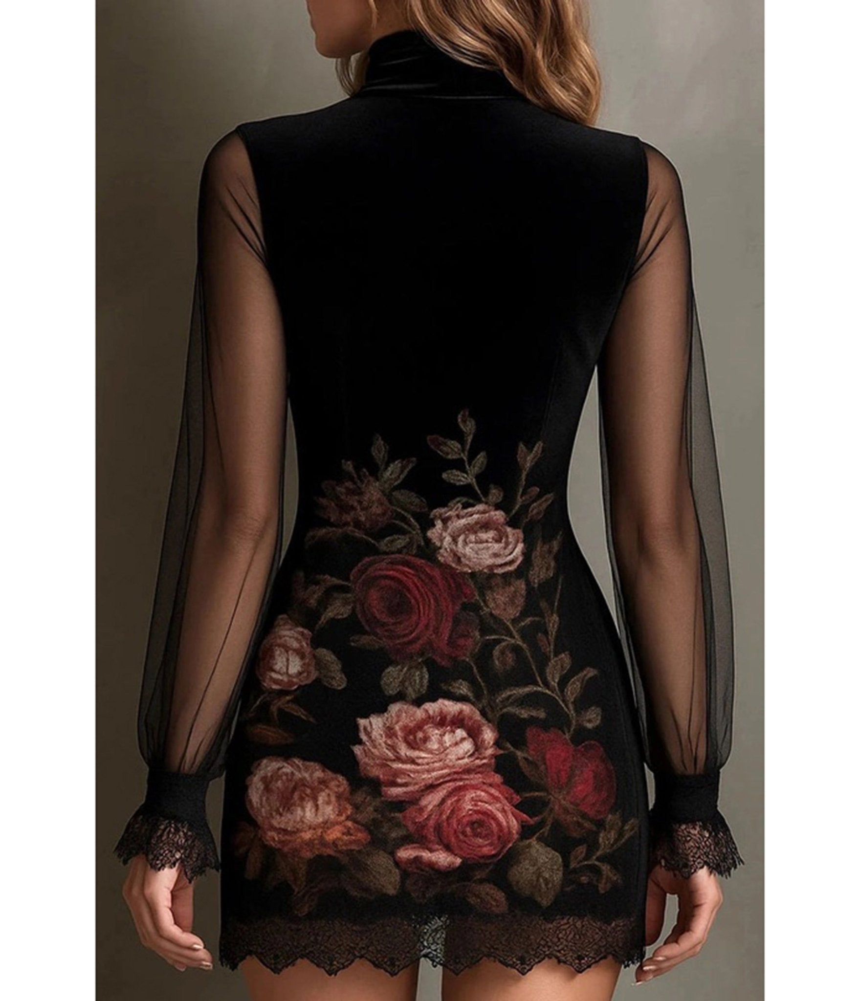 Black Floral & Mesh Overlay Mini Dress - Unique Vintage - Womens, DRESSES, WIGGLE