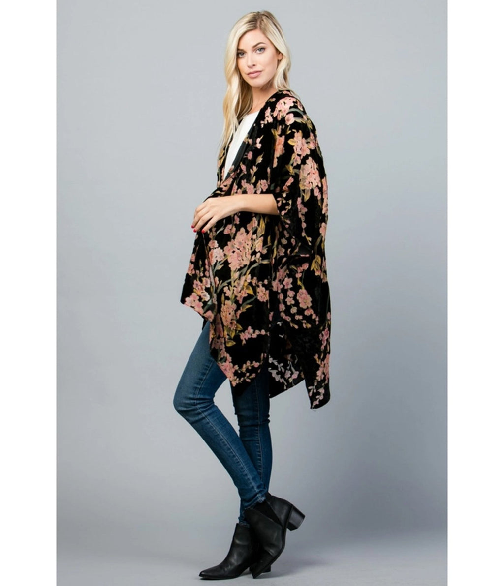 Black Floral Print Velvet Kimono - Unique Vintage - Womens, ACCESSORIES, SLIPS