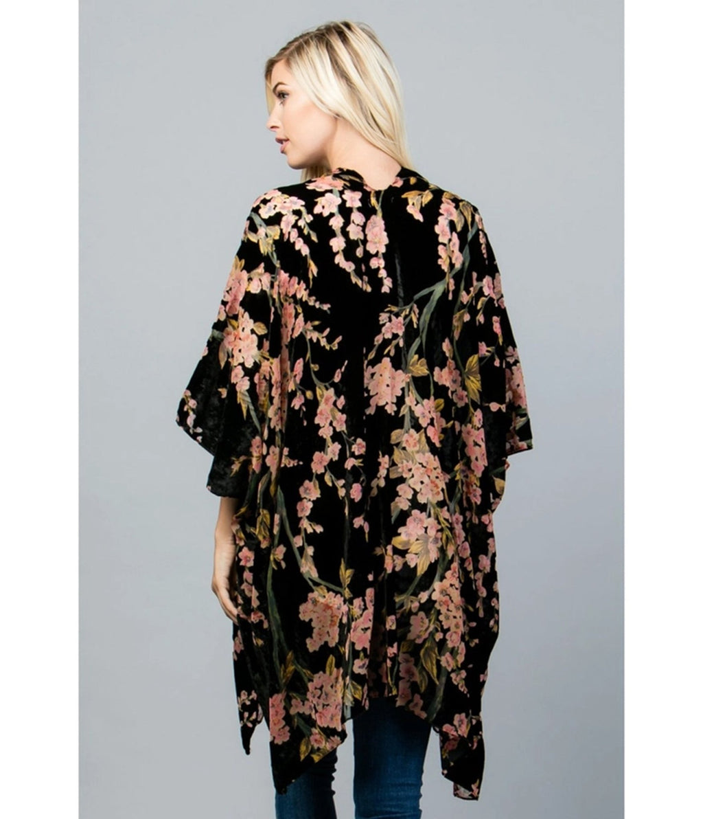 Black Floral Print Velvet Kimono - Unique Vintage - Womens, ACCESSORIES, SLIPS