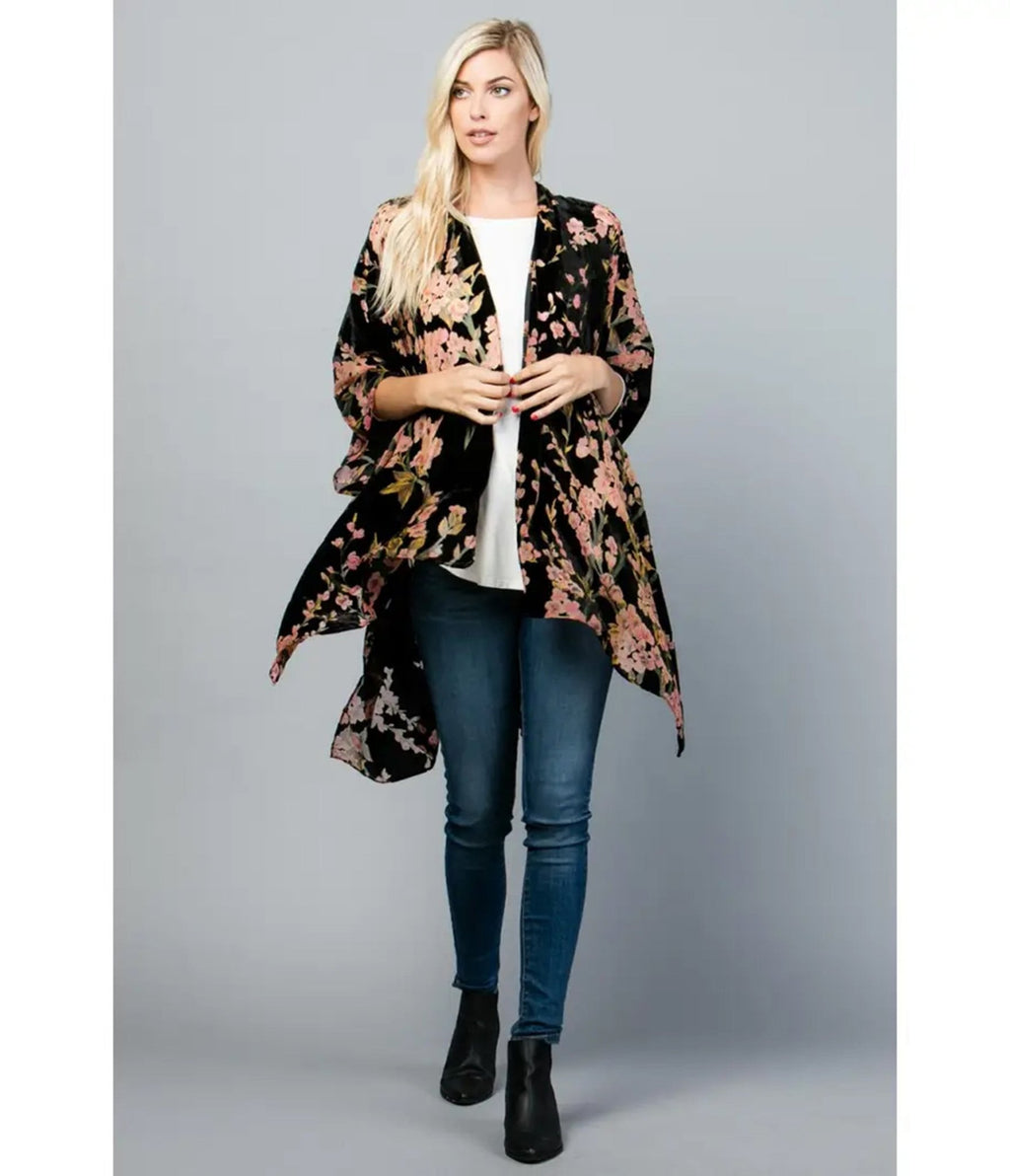 Black Floral Print Velvet Kimono - Unique Vintage - Womens, ACCESSORIES, SLIPS