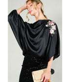Black Floral Sleeve Satin Blouse - Unique Vintage - Womens, TOPS, SHIRTS