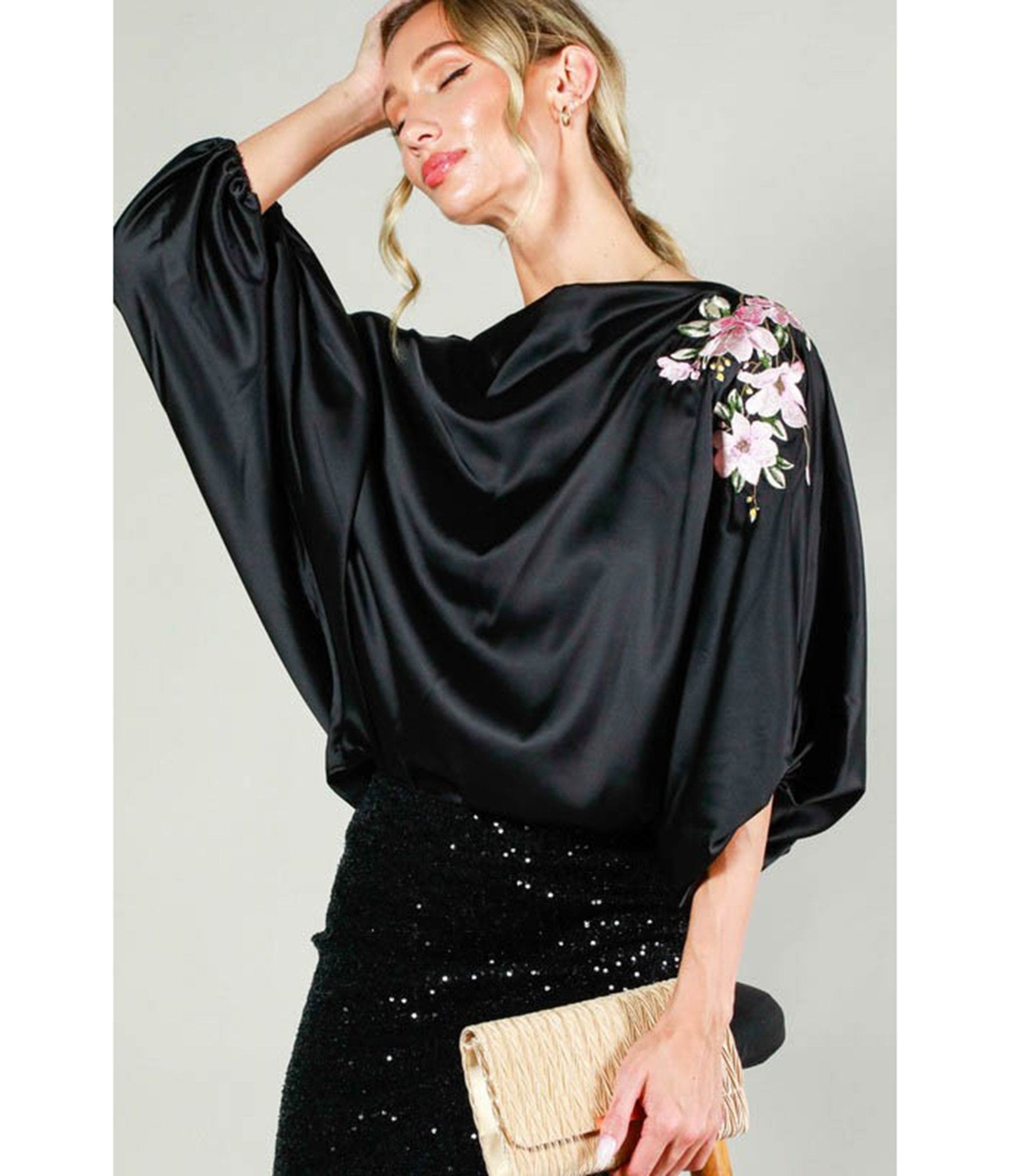 Black Floral Sleeve Satin Blouse - Unique Vintage - Womens, TOPS, SHIRTS
