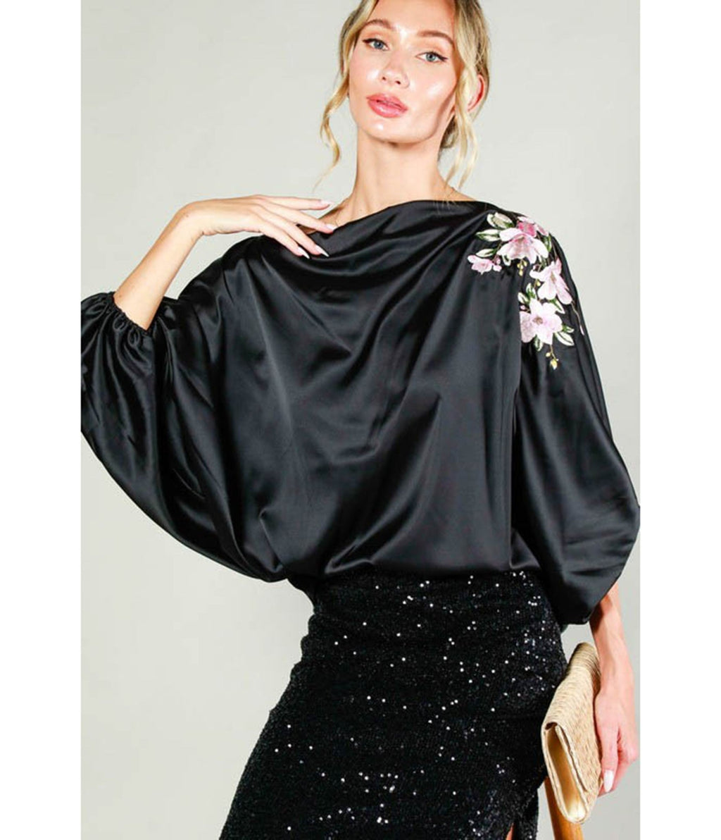 Black Floral Sleeve Satin Blouse - Unique Vintage - Womens, TOPS, SHIRTS