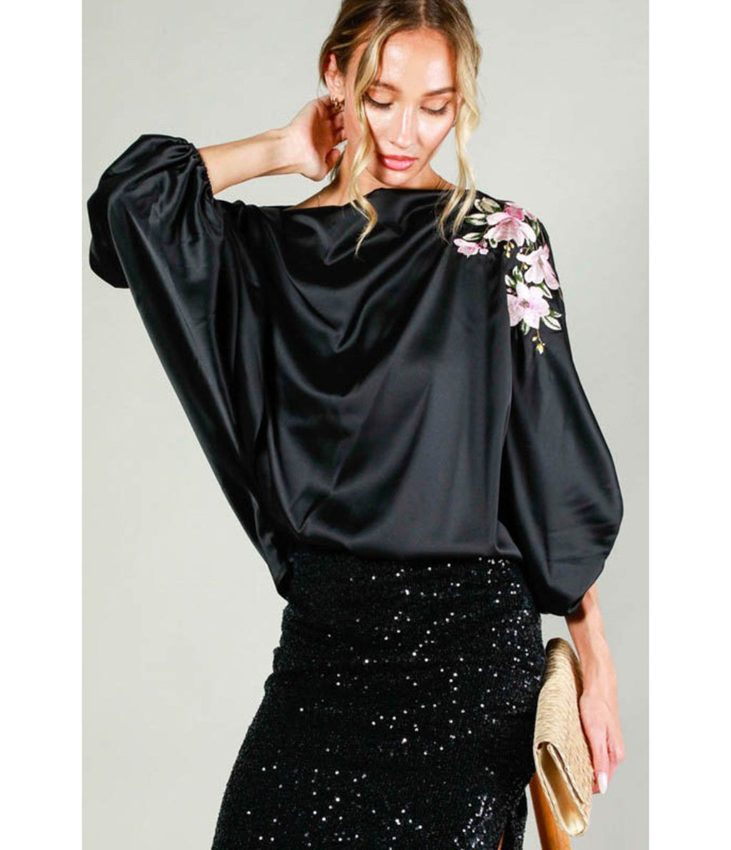 Black Floral Sleeve Satin Blouse - Unique Vintage - Womens, TOPS, SHIRTS