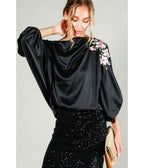 Black Floral Sleeve Satin Blouse - Unique Vintage - Womens, TOPS, SHIRTS
