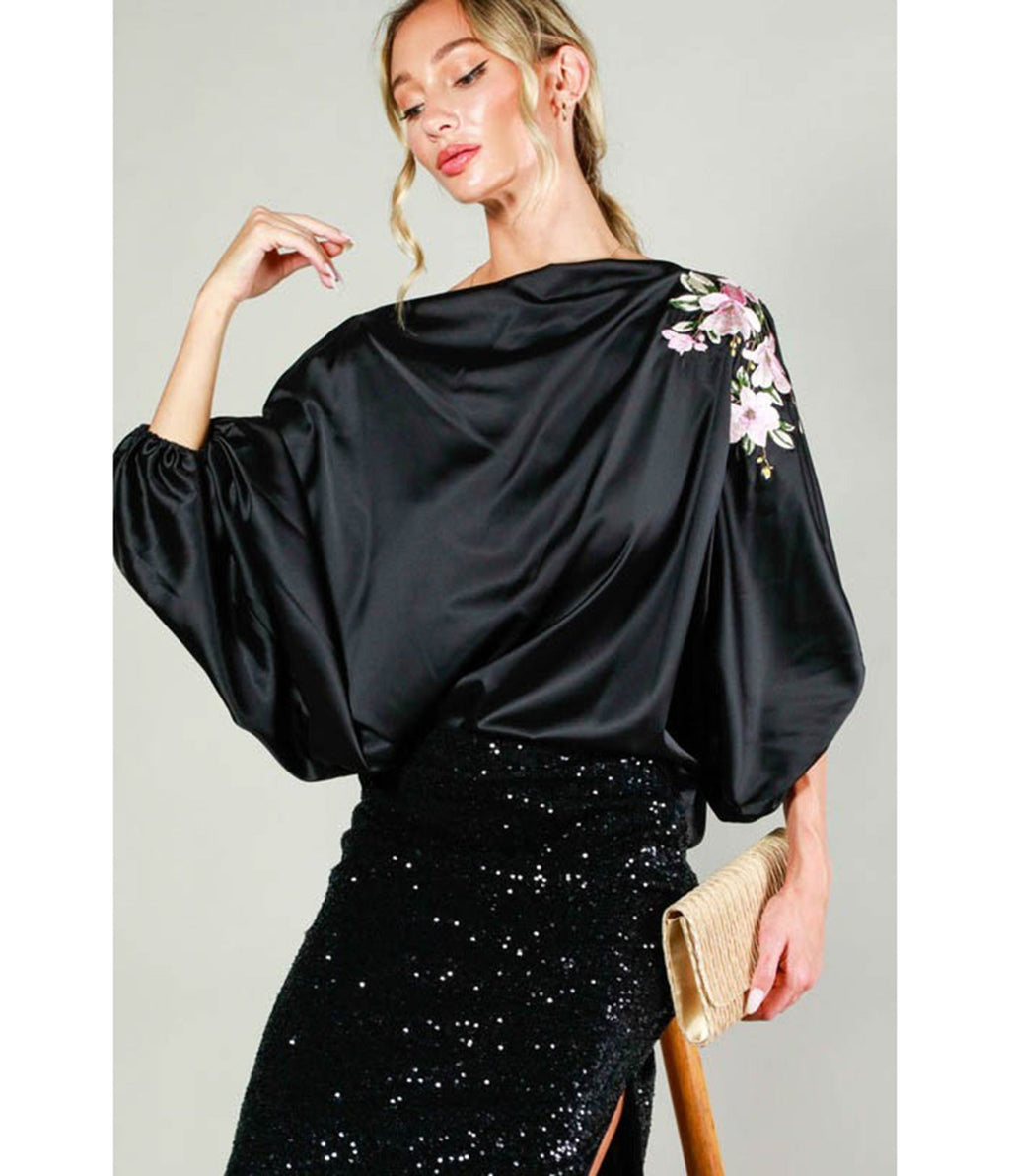 Black Floral Sleeve Satin Blouse - Unique Vintage - Womens, TOPS, SHIRTS