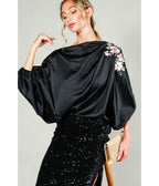 Black Floral Sleeve Satin Blouse - Unique Vintage - Womens, TOPS, SHIRTS