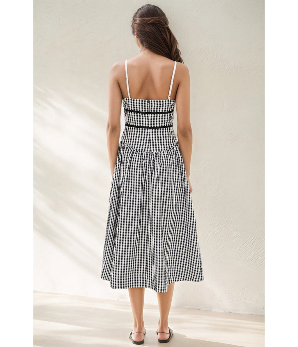 Black Gingham Spaghetti Strap Midi Dress - Large