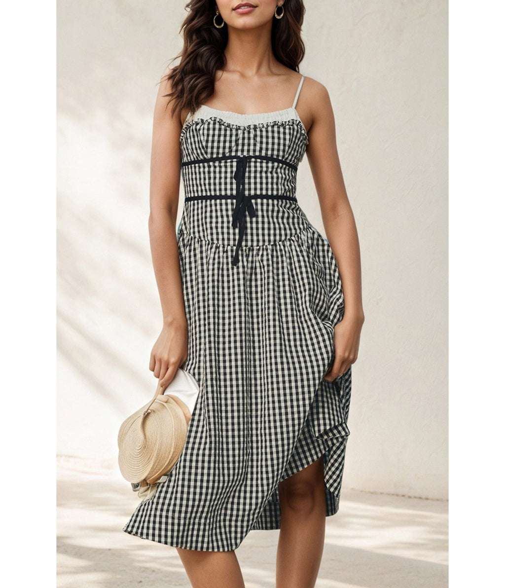 black gingham off the shoulder dress Oscar de la Renta