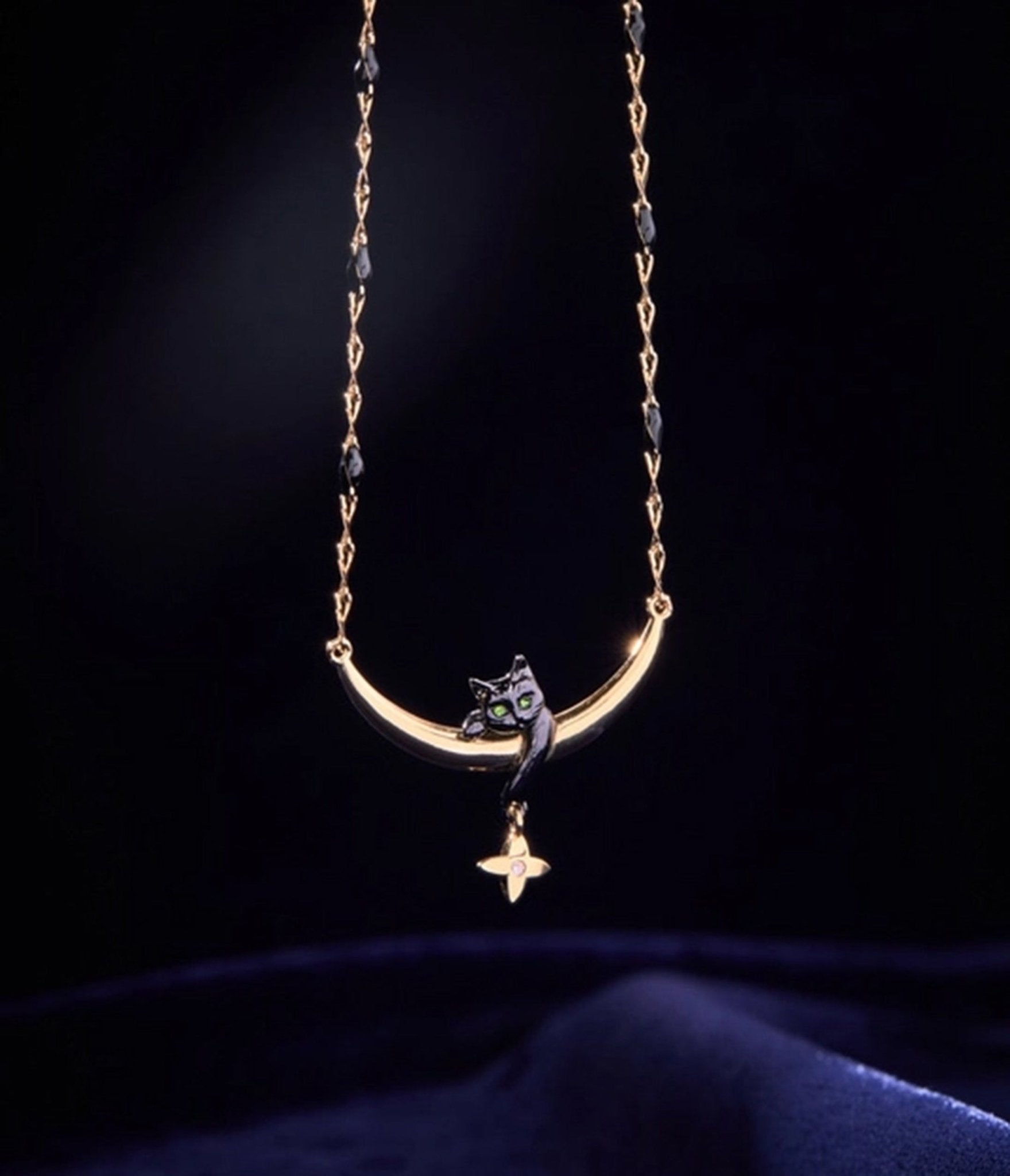 Black Gold Cat & Crescent Moon Charm Pendant Necklace - Unique Vintage - Womens, ACCESSORIES, JEWELRY