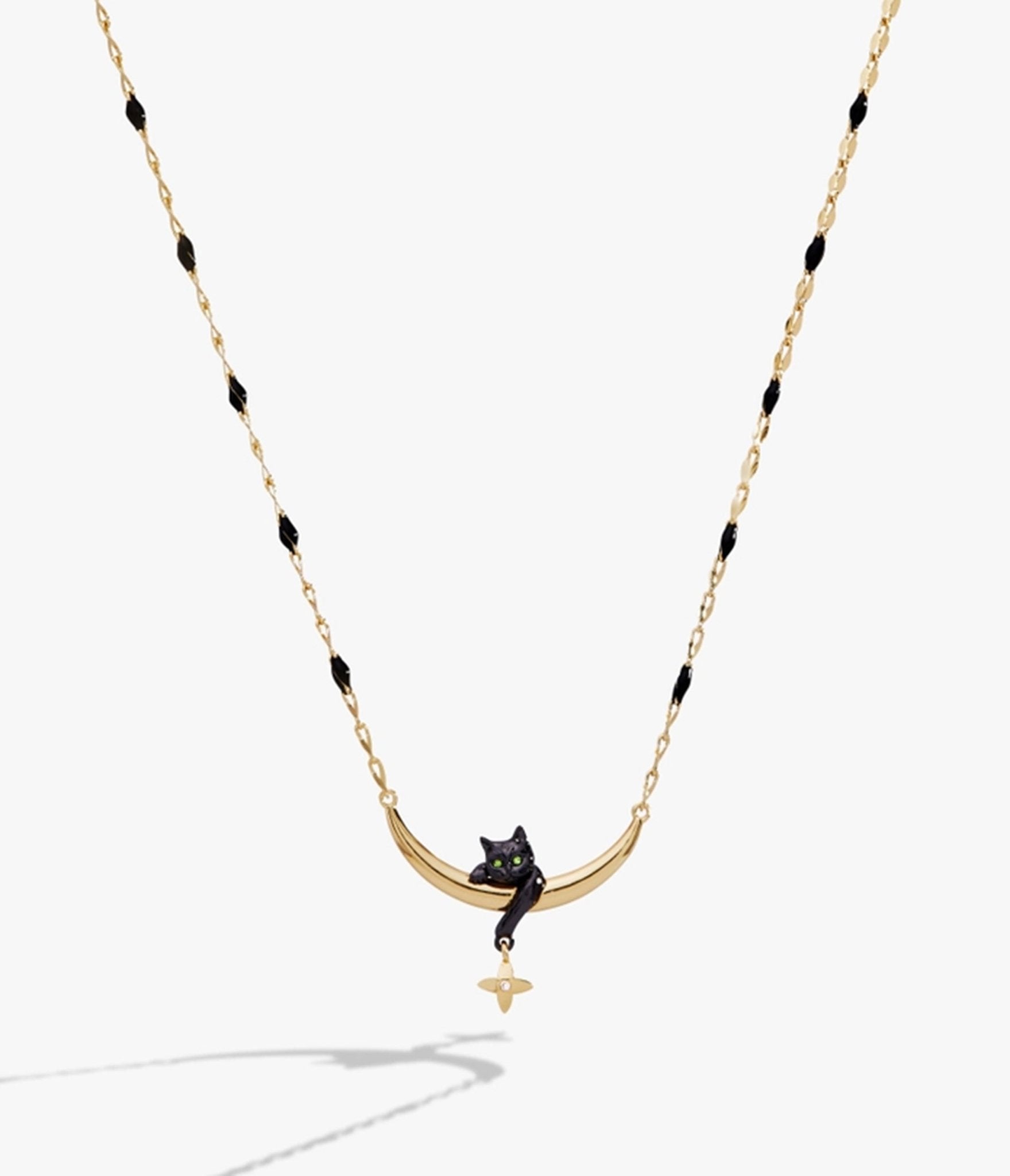 Black Gold Cat & Crescent Moon Charm Pendant Necklace - Unique Vintage - Womens, ACCESSORIES, JEWELRY