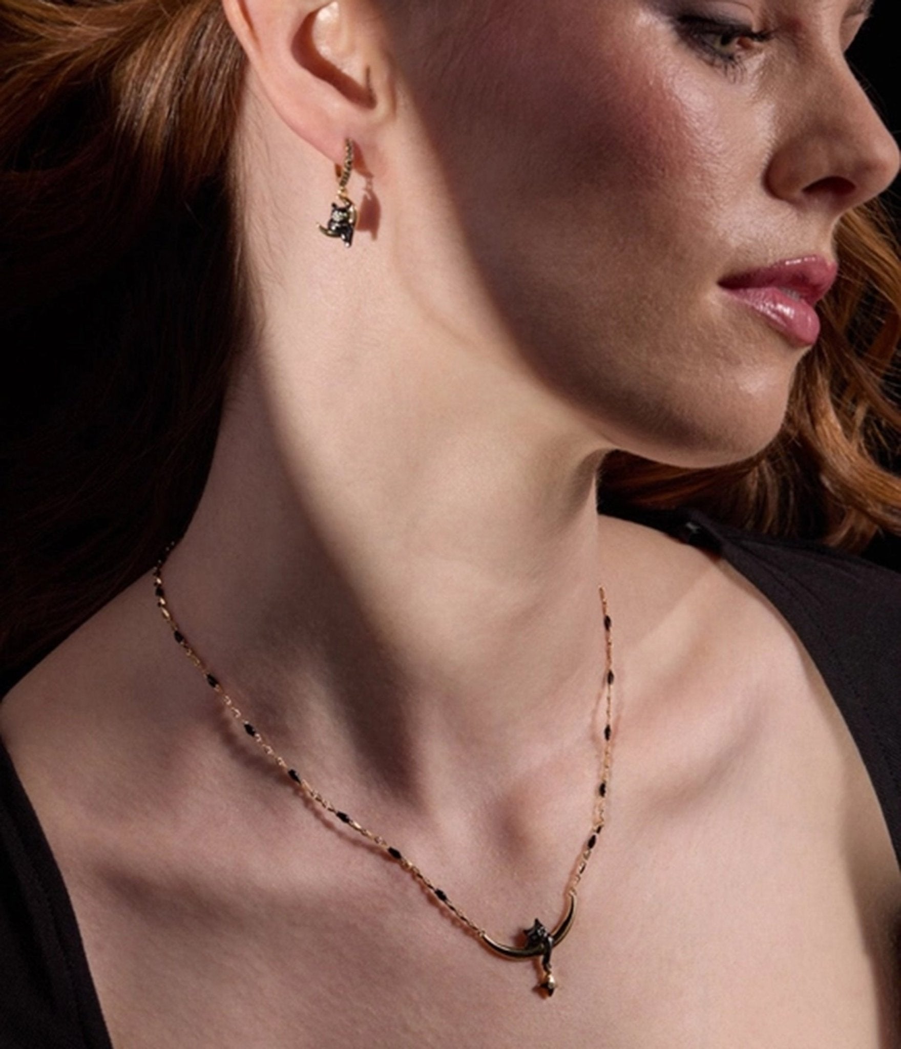Black Gold Cat & Crescent Moon Charm Pendant Necklace - Unique Vintage - Womens, ACCESSORIES, JEWELRY