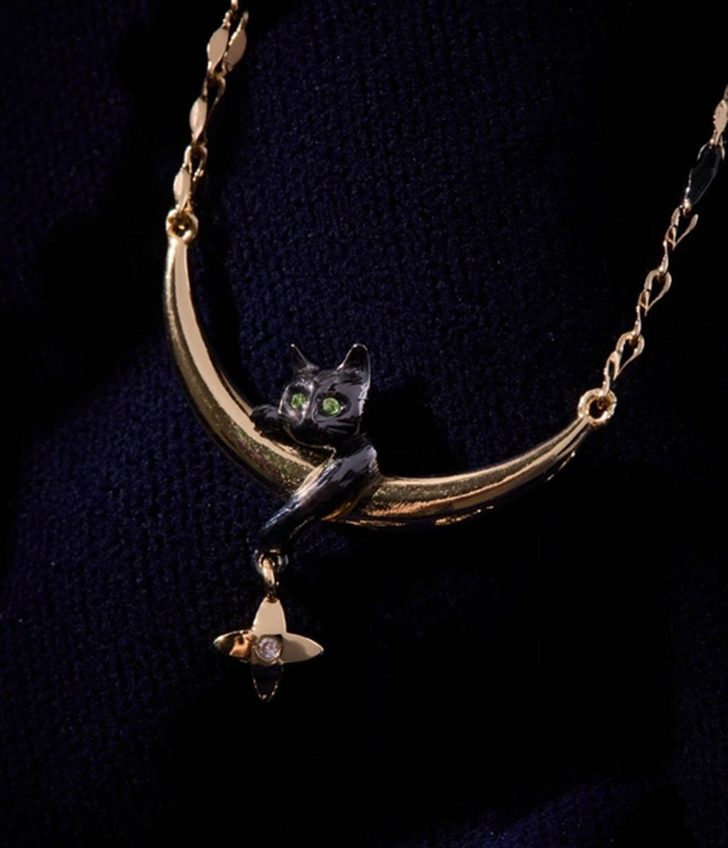 Black Gold Cat & Crescent Moon Charm Pendant Necklace - Unique Vintage - Womens, ACCESSORIES, JEWELRY