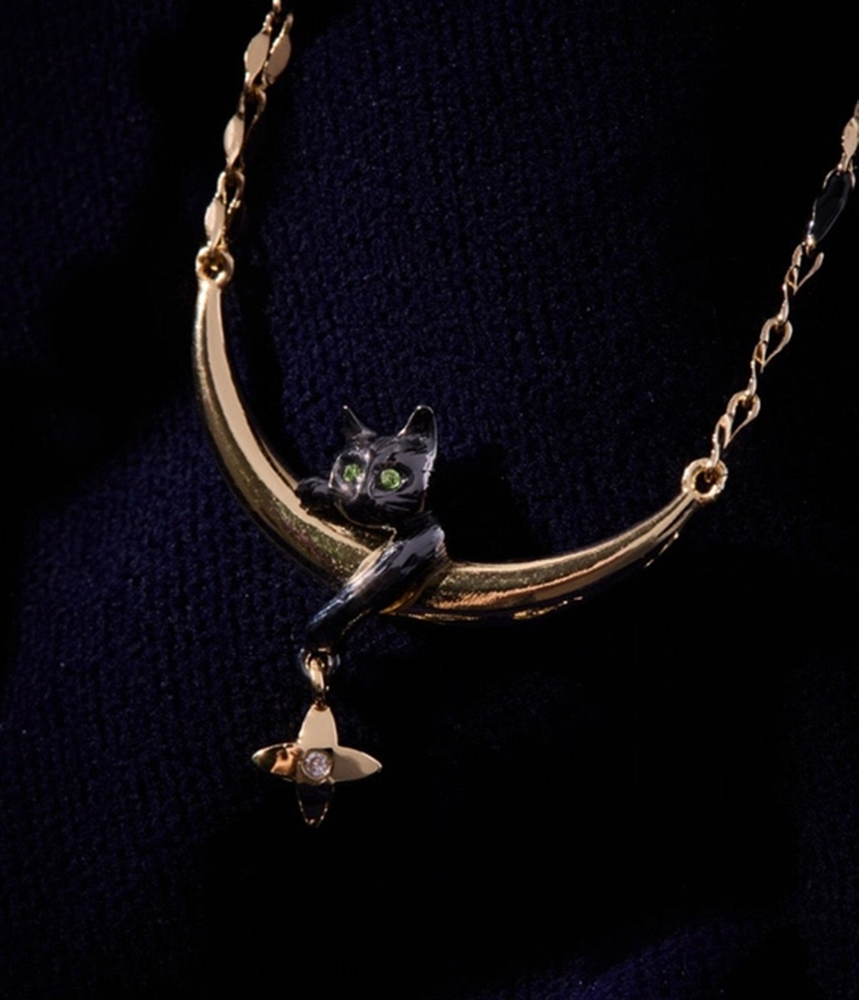 Black Gold Cat & Crescent Moon Charm Pendant Necklace - Unique Vintage - Womens, ACCESSORIES, JEWELRY