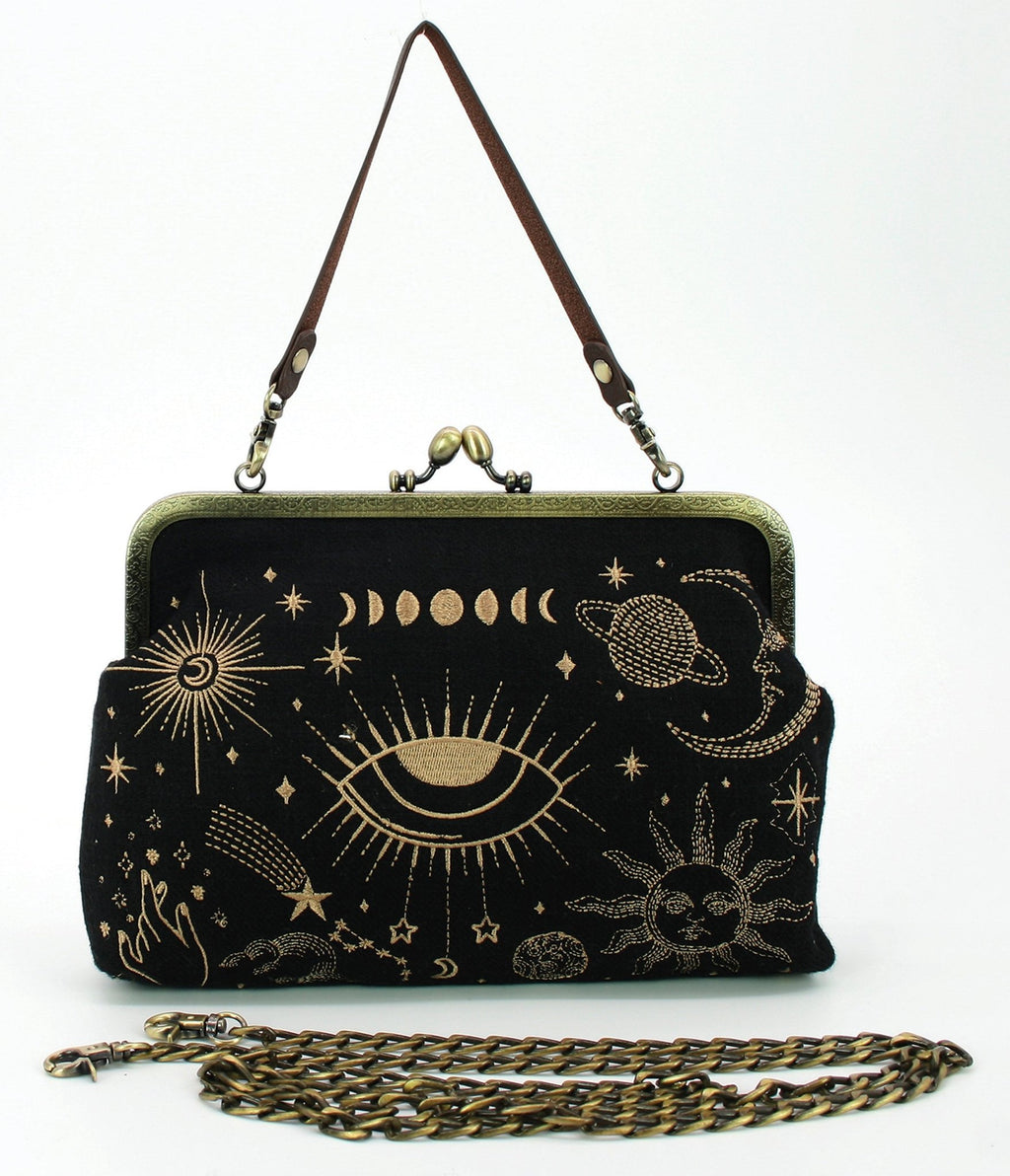 Black & Gold Celestial Handbag - Unique Vintage - Womens, ACCESSORIES, HANDBAGS