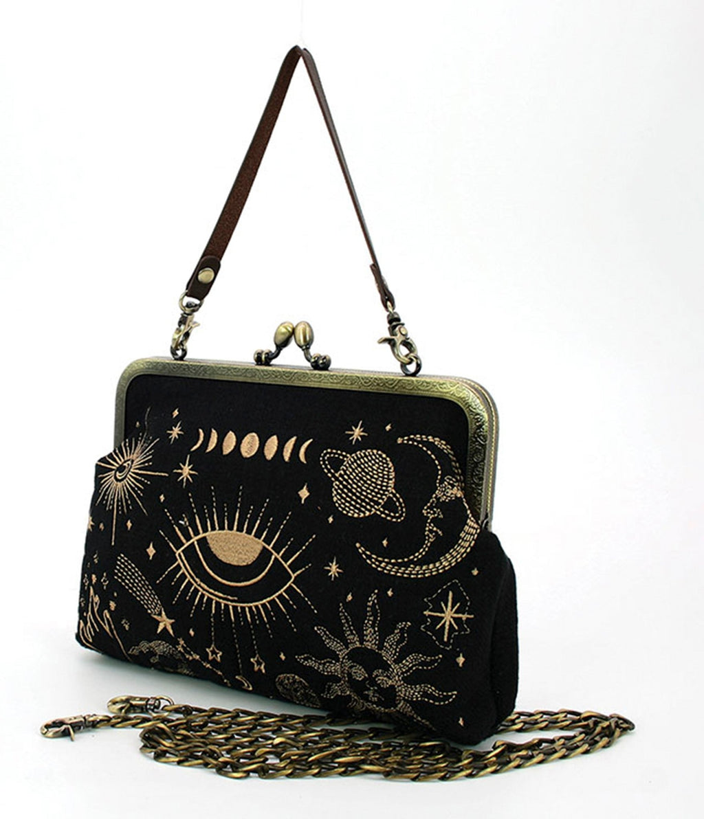 Black & Gold Celestial Handbag - Unique Vintage - Womens, ACCESSORIES, HANDBAGS