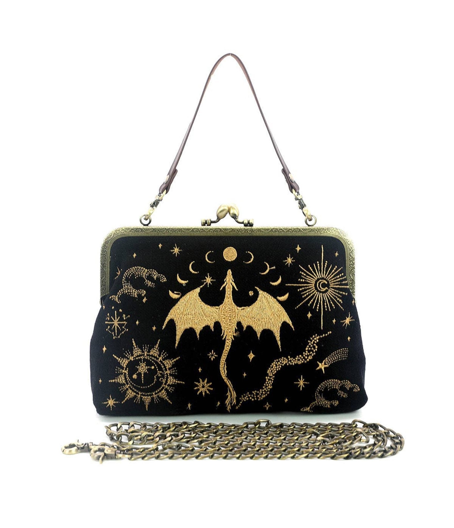 Black & Gold Dragon Handbag - Unique Vintage - Womens, ACCESSORIES, HANDBAGS