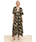 Black & Gold Floral Kimono Sleeve Maxi Dress - Unique Vintage - Womens, DRESSES, MAXI
