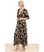Black & Gold Floral Kimono Sleeve Maxi Dress - Unique Vintage - Womens, DRESSES, MAXI