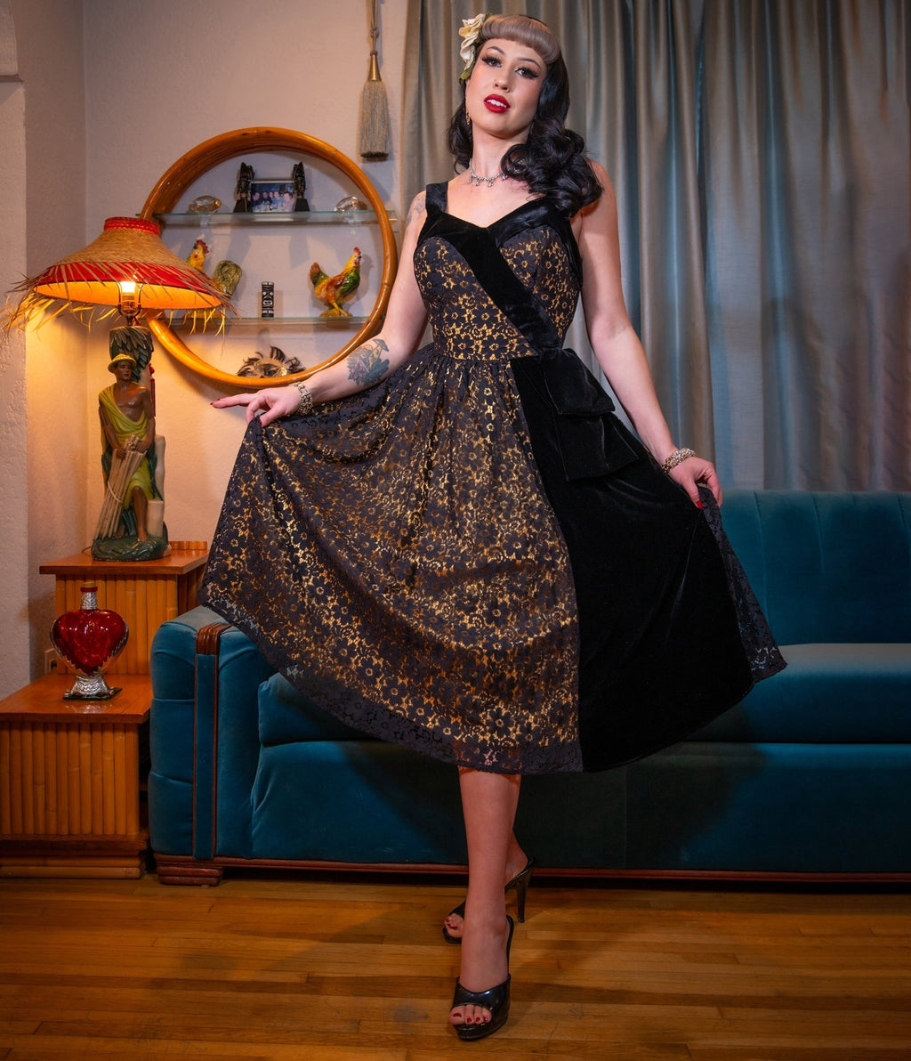 Black & Gold Floral Lace Swing Dress - Large