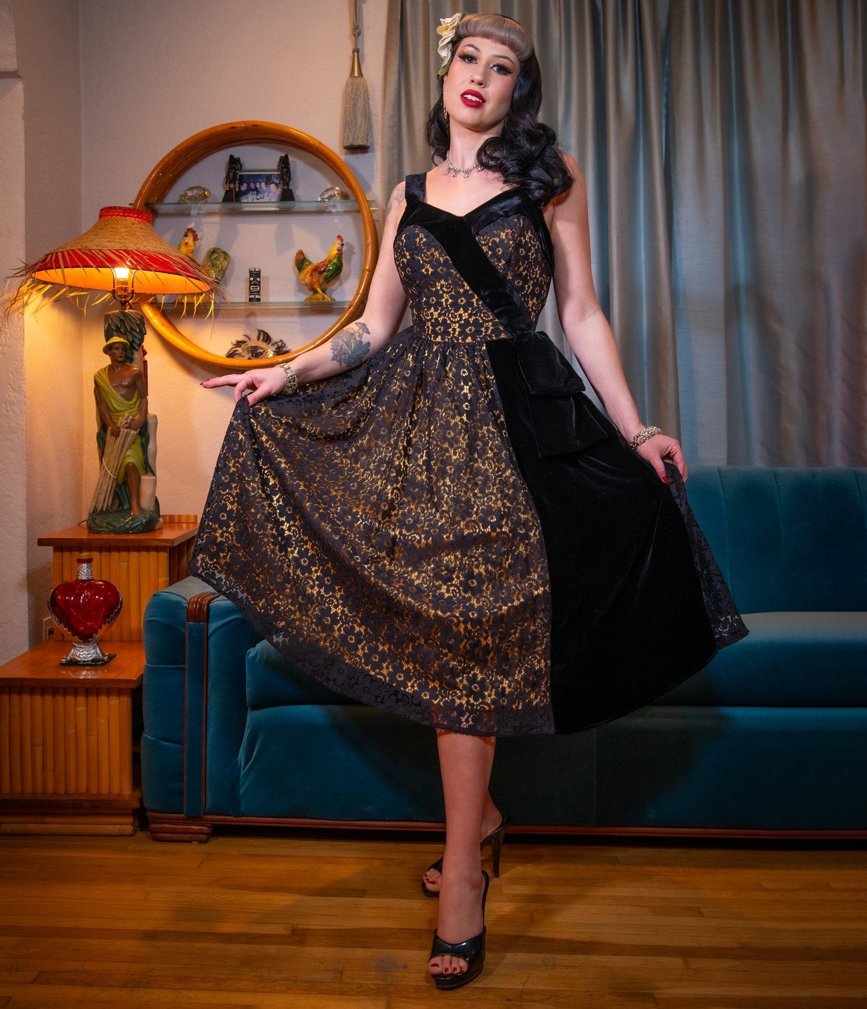 Black & Gold Floral Lace Swing Dress - Unique Vintage - Womens, DRESSES, SWING