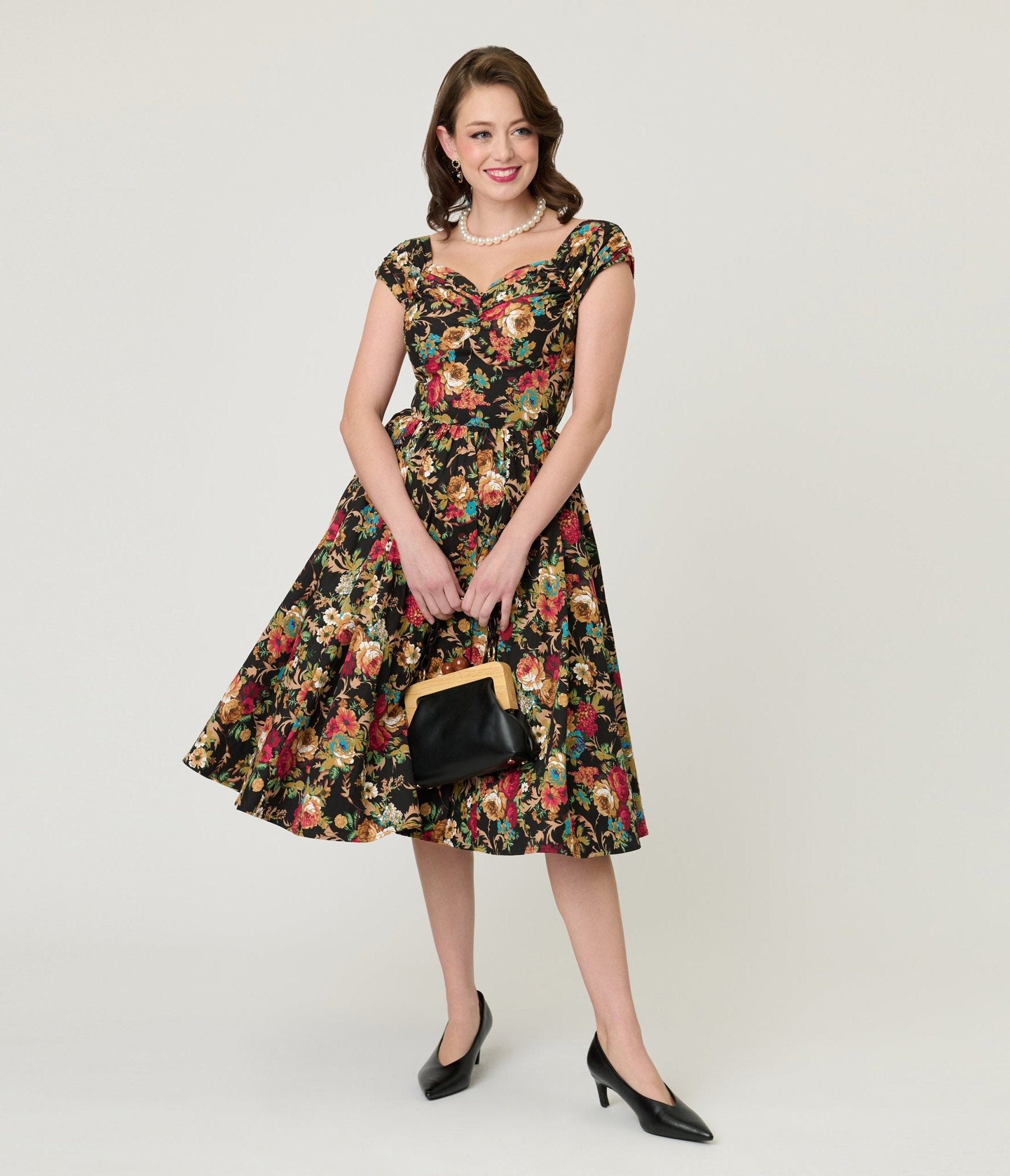 Black & Gold Floral Swing Dress - Unique Vintage - Womens, DRESSES, SWING