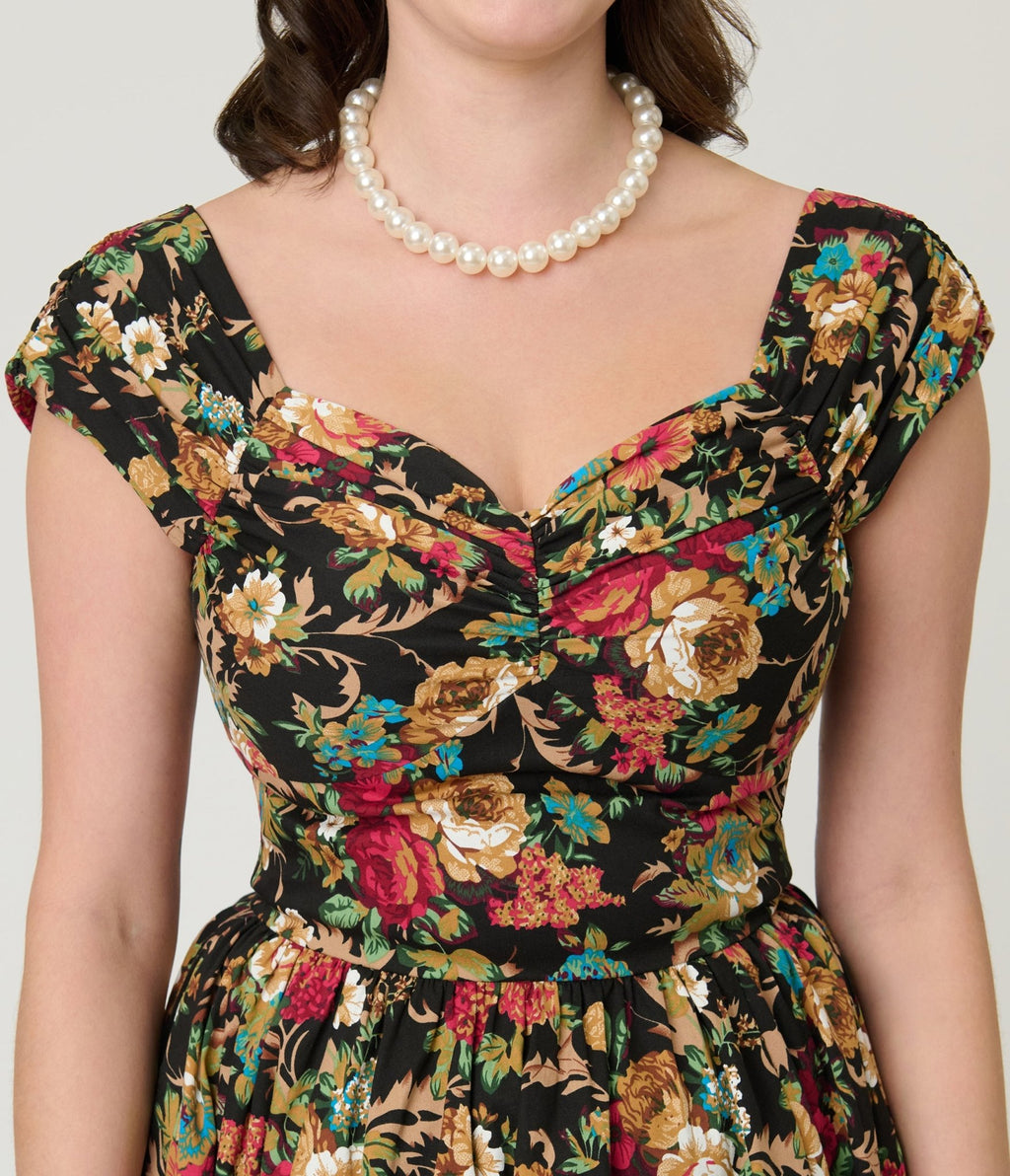 Black & Gold Floral Swing Dress - Unique Vintage - Womens, DRESSES, SWING