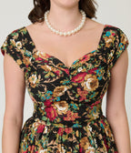 Black & Gold Floral Swing Dress - Unique Vintage - Womens, DRESSES, SWING