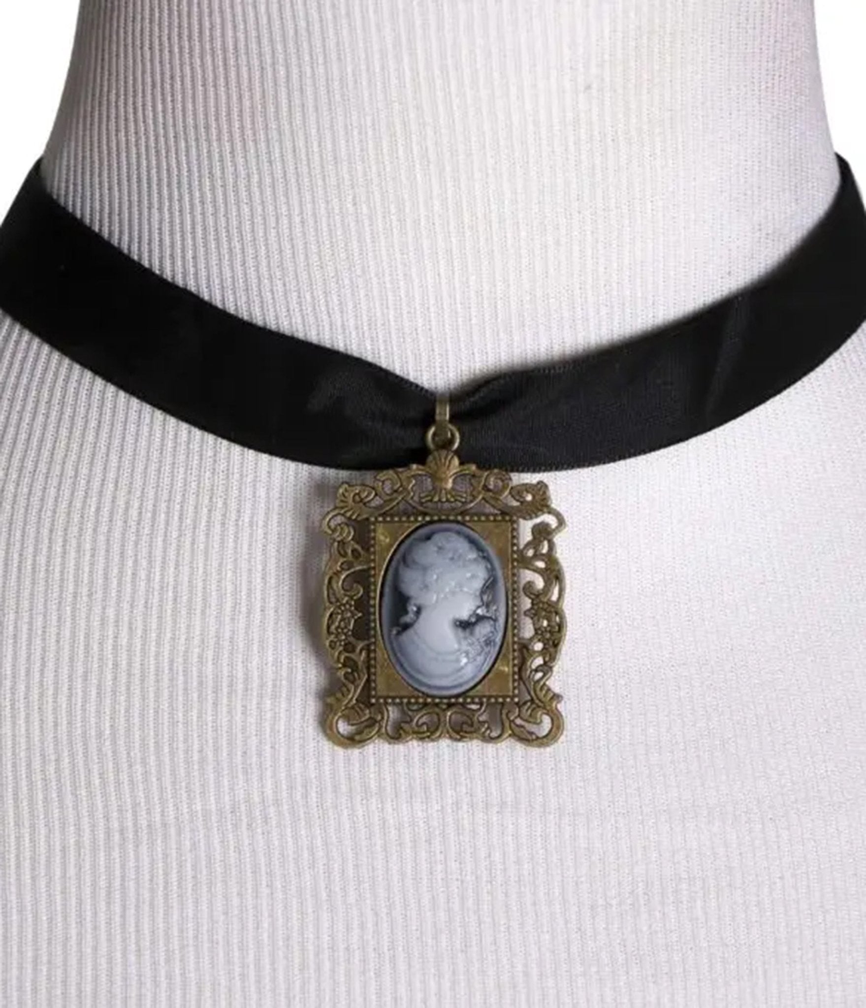 Black & Gold Framed Cameo Choker - Unique Vintage - Womens, ACCESSORIES, JEWELRY