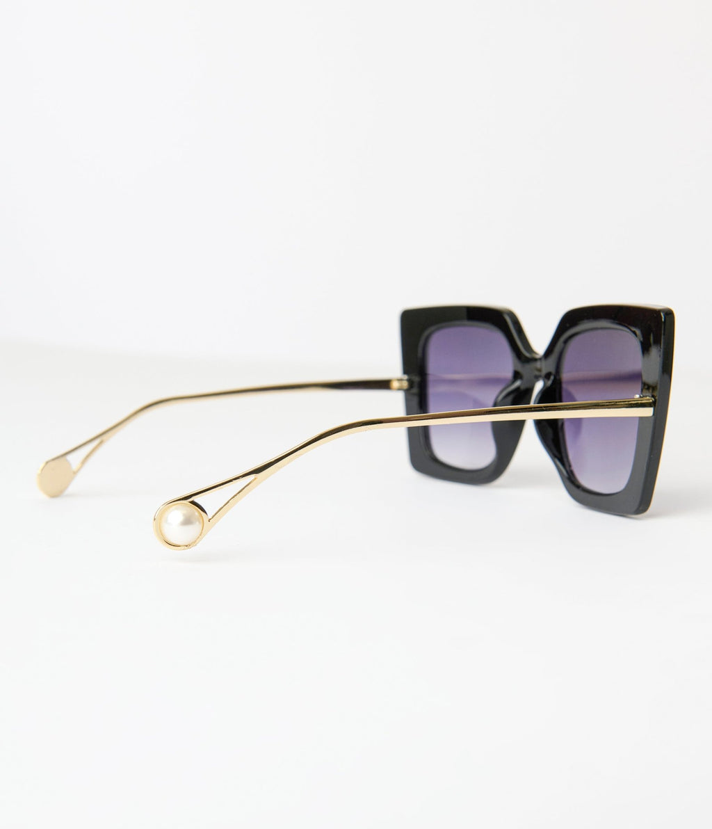 Black & Gold Oversized Retro Sunglasses - Unique Vintage - Womens, ACCESSORIES, SUNGLASSES