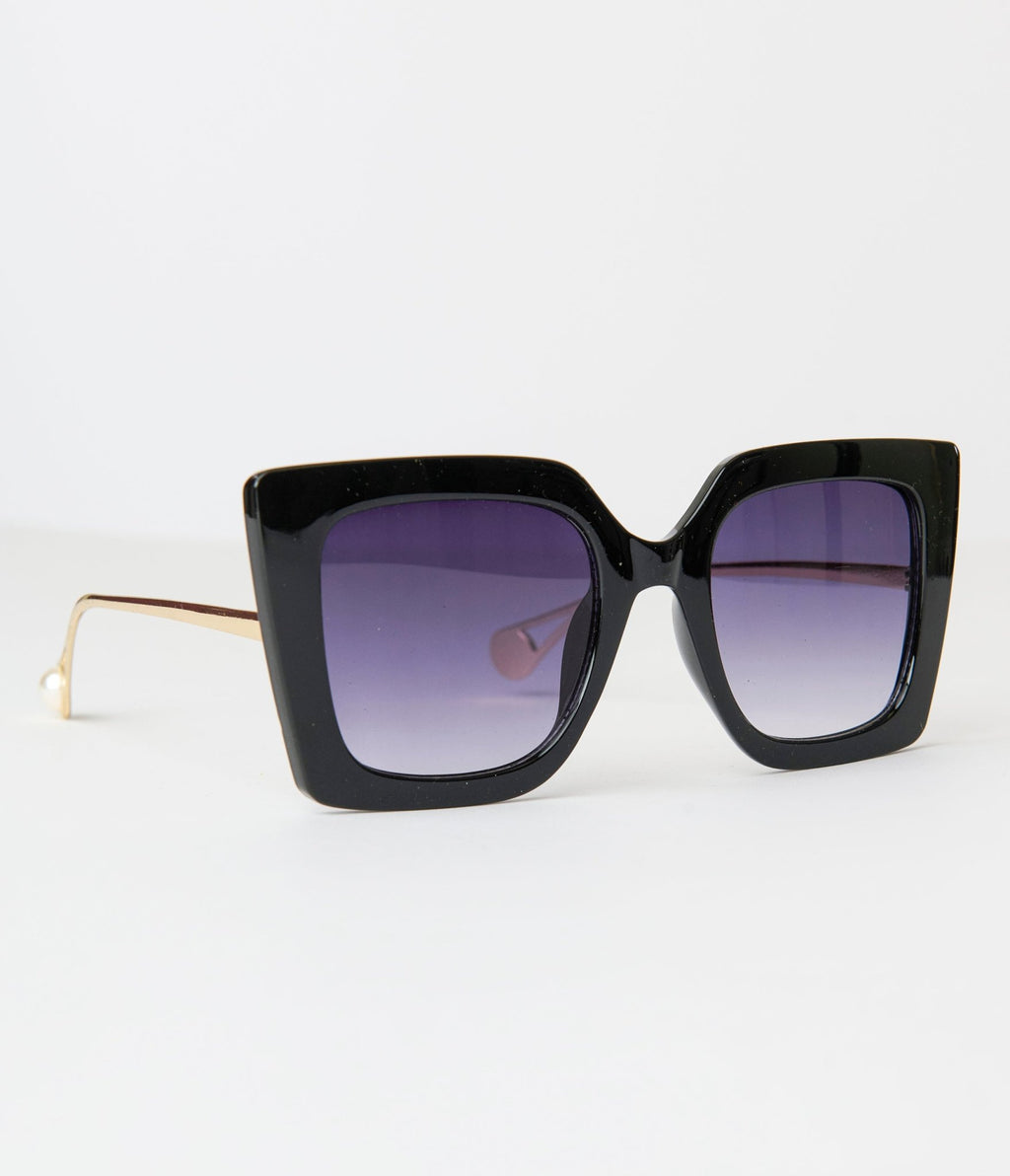 Black & Gold Oversized Retro Sunglasses - Unique Vintage - Womens, ACCESSORIES, SUNGLASSES