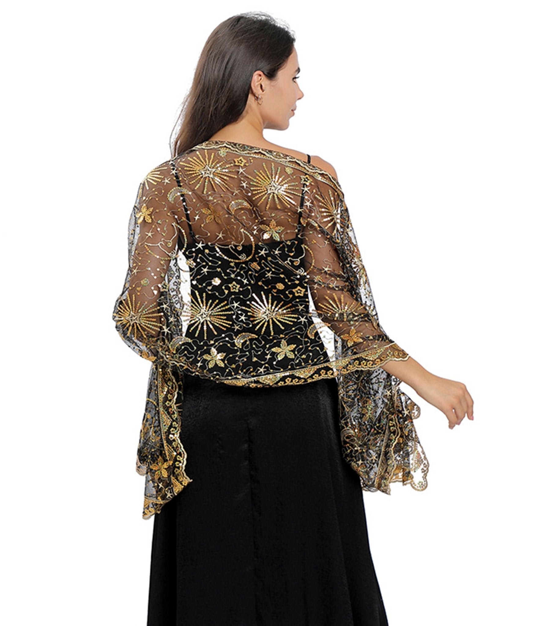 Black & Gold Stars & Moon Embroidered Shawl - Unique Vintage - Womens, ACCESSORIES, GLOVES/SCARVES