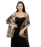 Black & Gold Stars & Moon Embroidered Shawl - Unique Vintage - Womens, ACCESSORIES, GLOVES/SCARVES