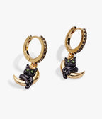 Black & Gold Tone Cat & Crescent Moon Hoop Earrings - Unique Vintage - Womens, ACCESSORIES, JEWELRY