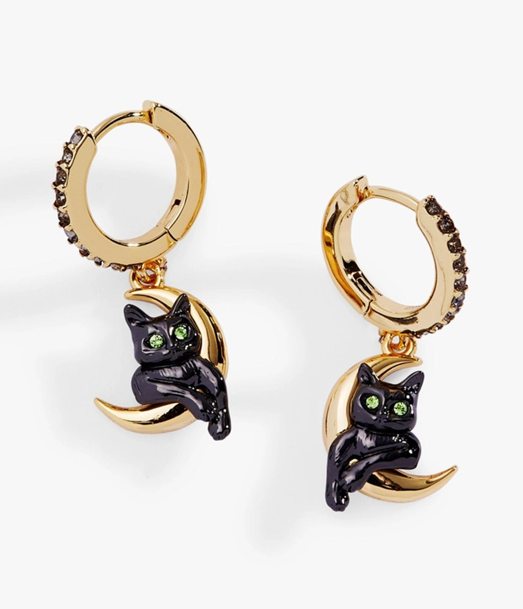 Black & Gold Tone Cat & Crescent Moon Hoop Earrings - Unique Vintage - Womens, ACCESSORIES, JEWELRY