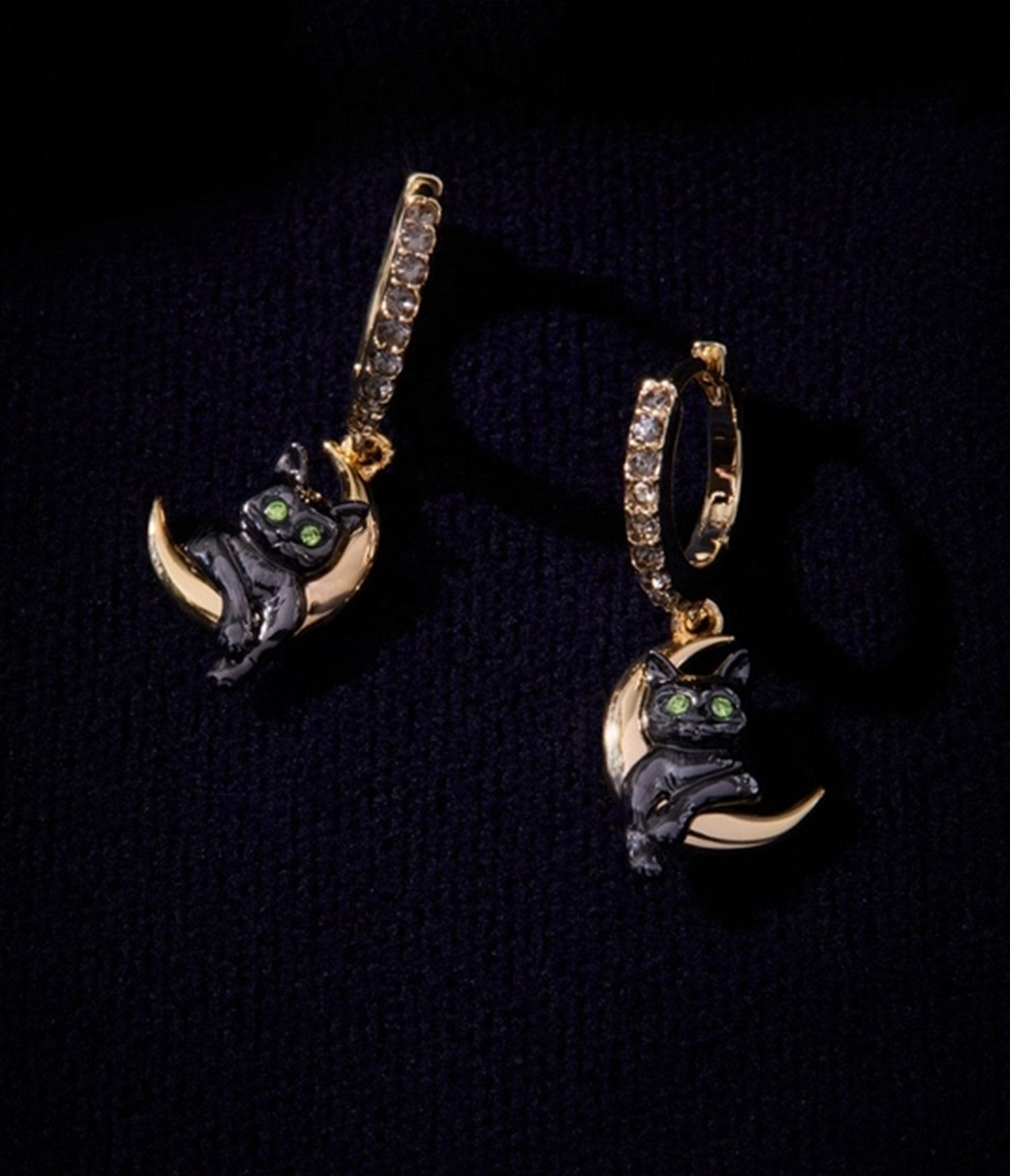 Black & Gold Tone Cat & Crescent Moon Hoop Earrings - Unique Vintage - Womens, ACCESSORIES, JEWELRY