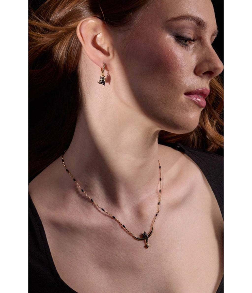 Black & Gold Tone Cat & Crescent Moon Hoop Earrings - Unique Vintage - Womens, ACCESSORIES, JEWELRY