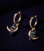 Black & Gold Tone Cat & Crescent Moon Hoop Earrings - Unique Vintage - Womens, ACCESSORIES, JEWELRY
