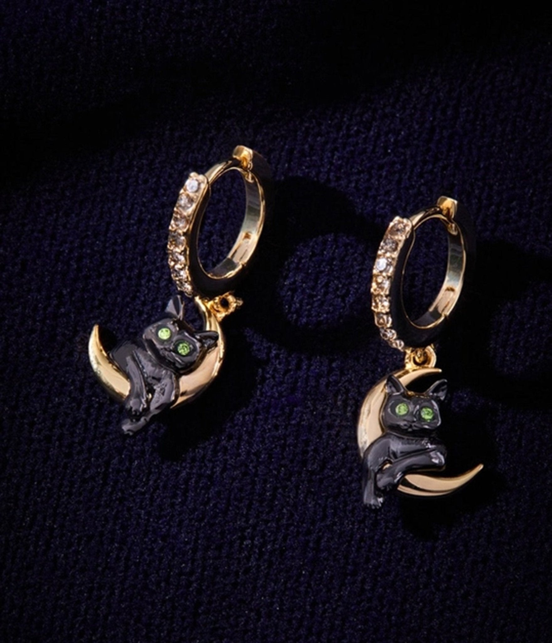 Black & Gold Tone Cat & Crescent Moon Hoop Earrings - Unique Vintage - Womens, ACCESSORIES, JEWELRY