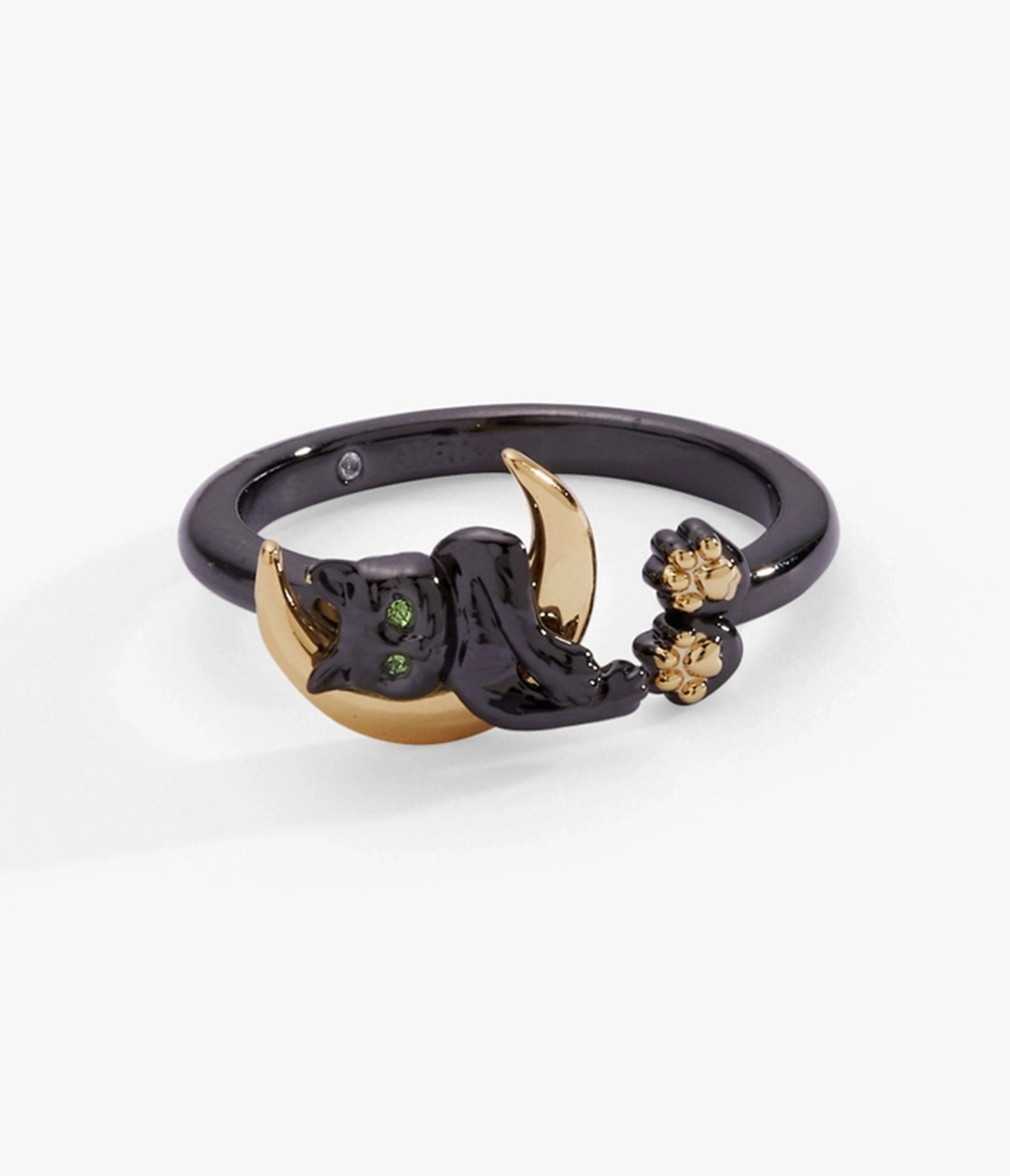 Black & Gold Tone Cat & Crescent Moon Statement Ring - Unique Vintage - Womens, ACCESSORIES, JEWELRY