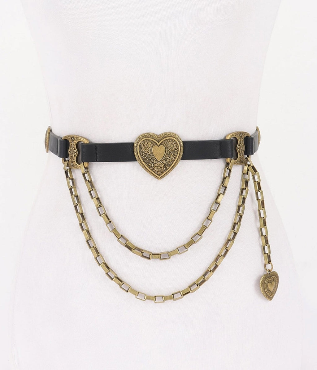 Black & Gold Tone Heart Faux Leather Belt - Unique Vintage - Womens, ACCESSORIES, BELTS