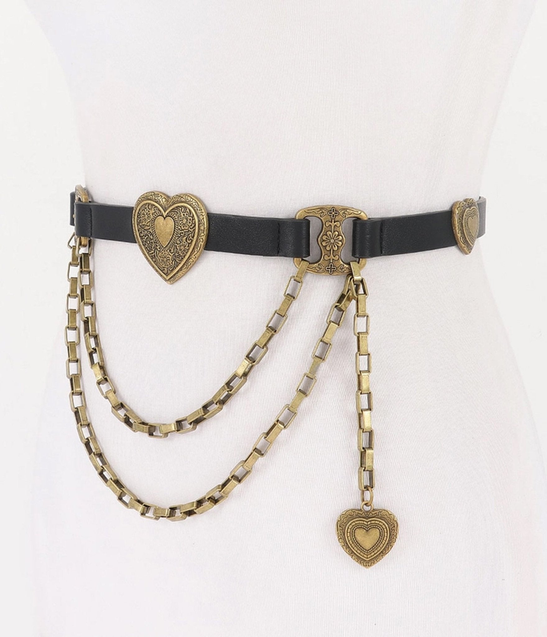 Black & Gold Tone Heart Faux Leather Belt - Unique Vintage - Womens, ACCESSORIES, BELTS